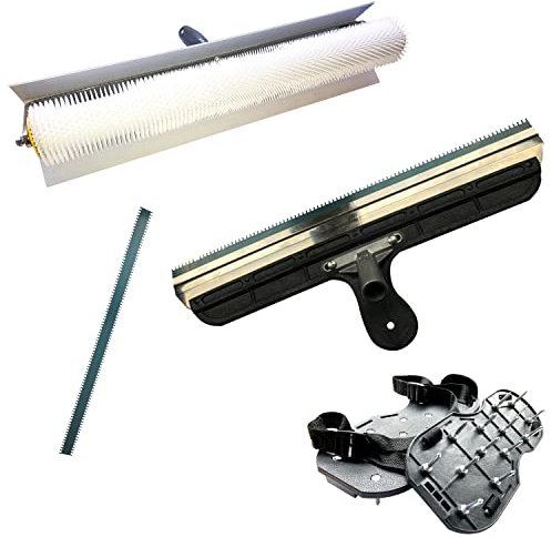Pangolino - Entlüftungsroller Set: 50 cm Entlüftungswalze + Nylon-Nagelsohlen [35 mm] (fertig montiert) + Stehrakel Großflächenrakel 560 mm - Betonentlüfterrolle mit Spritzschutz Stachellänge: 11 mm