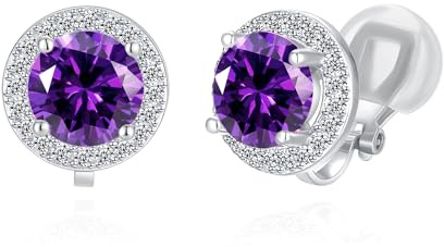 QUKE 8mm Purple Cubic Zirconia Crystal Round Clip On Stud Earrings Non Pierced Earrings Jewellery For Women Girls