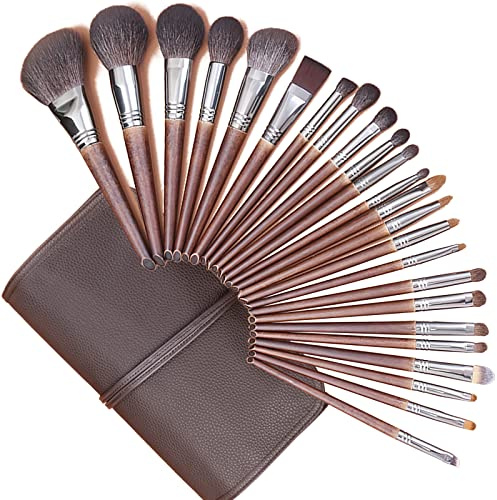 ENZO KEN Deluxe Natürliches Ziegenhaar Make up Pinsel Set mit Rolltasche, 24 Holz Kosmetische Pinsel Make up Set, Natürliche Make up Pinsel, Naturborsten Make up Pinsel Set Professionell.