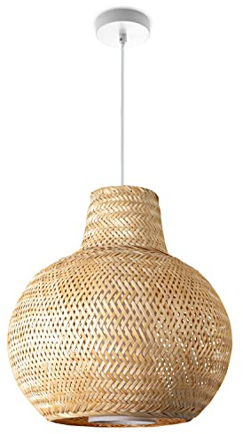 Paco Home Deckenlampe Bambus Hängeleuchte Boho Wohnzimmer Hängend Natur Korblampe Vintage E27 Retro 1,5m Textilkabel, Lampenart:Pendelleuchte - Typ 4, Leuchten Farbe/Größe: Natur (Ø42 cm)
