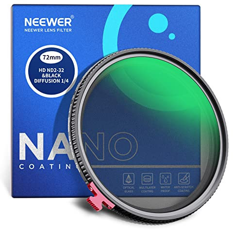 NEEWER 72mm Negro Difusión 1/4 Efecto con ND2-ND32 Variable ND Filtro 2 en 1,HD Filtro de Densidad Neutra con la Niebla de Ensueño Características Cinematográficas, Repelente al Agua/Sin X Cruz