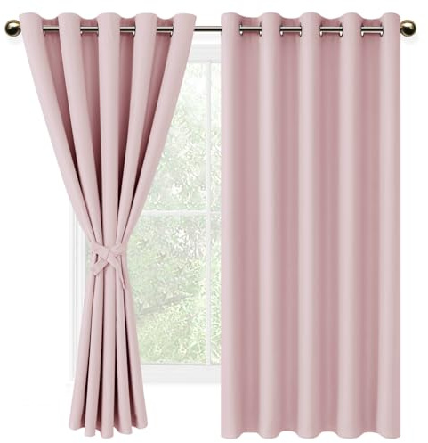 DWCN Blackout Curtains with Tiebacks for Bedroom Thermal Insulated Solid Eyelet Curtains for Living Room,2 Panels,66 Wide x 72 Drop Pink