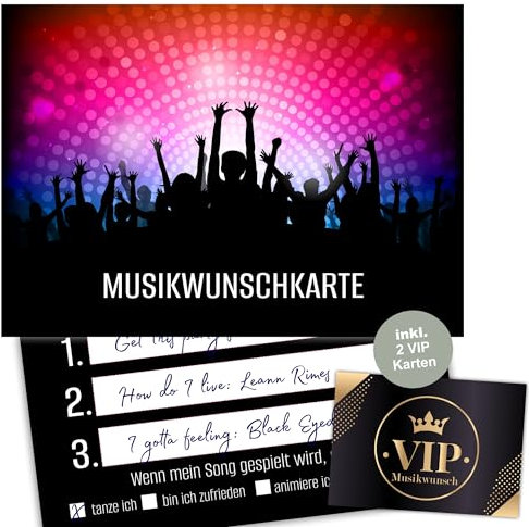 Eummel 50 Musikwunschkarten inkl. VIP Karten Party Musikwunsch Dj Karten Geburtstag Retro Musikwünsche Musikkarten Partykarten