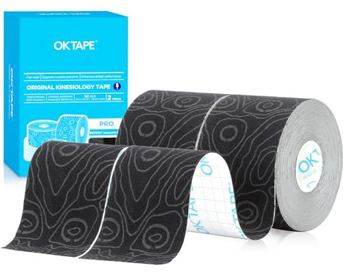 OK TAPE PRO Kinesiologico tape,nastro kinesiologico sport nastro adesivo impermeabile ed elastico athletic tape 5cm x 5m (2 Rotoli,Nero)