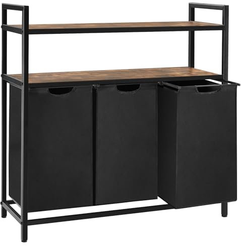 YOUDENOVA Wäschekorb 3 Fächer, Wäschesammler mit 2 Ablagen, 180-Liter Wäschebox, abnehmbarer Wäschesack, Wäschesortierer, 3 x 60L, 103x38x100cm, Vintagebraun/Schwarz