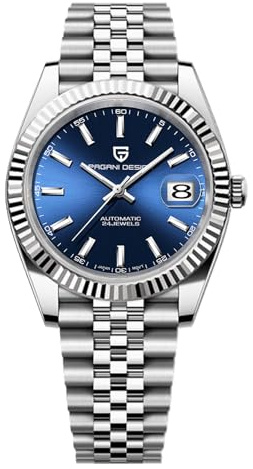 PAGRNE DESIGN Herrenuhr Automatikuhr Japanisches Automatikwerk Klassische Uhr Saphirglas 100 Meter Wasserdicht Leuchtend Business Herrenuhr（Stahlblau）