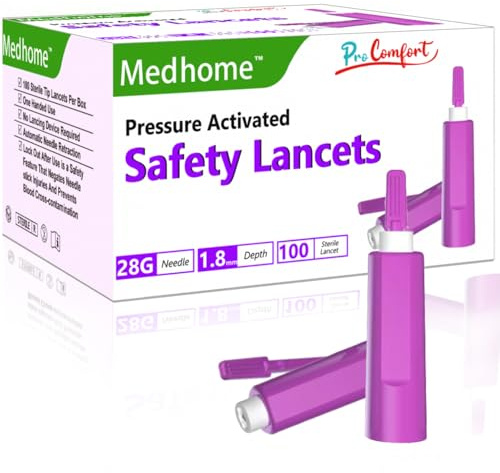 Medhome Pressure Activated Safety Lancets, 100 Count, Sterile, Single Use and Gentle for Comfortable Testing(28 G)