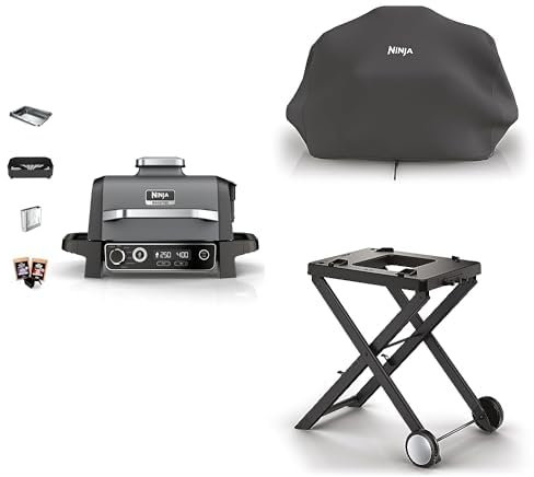 Ninja Woodfire barbecue électrique, grill, fumoir, air fryer, barbecue extérieur, OG701EU + Housse noire, Accessoire officiel Ninja, XSKCOVEREUUK + Chariot de support pliable pour barbecue, Accessoire