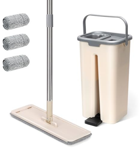Mocio Lavapavimenti con Secchio, Masthome Mocio Rotante a 360° e Secchio Autolavaggio, Mocio Secchio e Strizzatore con 3 Tamponi Microfibra, Mocio Pavimenti per Parquet Legno (Beige)