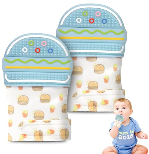 HOTUT Guanti da dentizione per neonati, 2 pezzi, in silicone, guanti da dentizione per neonati, massaggiagengive giocattolo per alleviare il dolore - blu hamburger