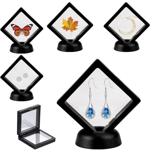 4 Pezzi 3D Display Stands Telaio Flottante, Espositore Monete Cornice 3D,Espositore Galleggiante 3D con Base,Scatola per Gioielli per Orecchini,Anelli,Collane E Bracciali,Nero 7x7x2cm+11x11x2cm