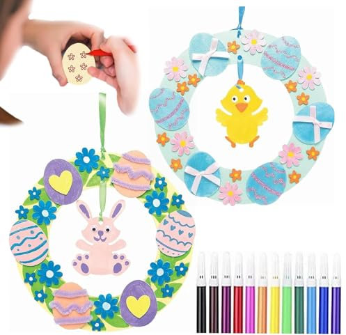 14 Pieces Easter Wreath Craft Kit Bunny & Chick Wreath Kits Arts Crafts for Toddlers, Easter Crafts for Kids DIY Decorations Creative Gifts Party Supplies