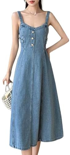 LIUYUYOUGO Vestido Mujer Vestido De Mezclilla Estilo Pichi para Mujer Elegante con Tirantes En La Espalda Fruncido Corte A Falda Larga Azul Empalme Corte A Mono Vestidos De Mezclilla Verano Midi Vaq
