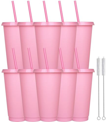 Yisituo Lot de 10 gobelets avec couvercle et paille, 710 ml, réutilisables, en plastique, pour smoothies, café, fête et voyage, 10, rose