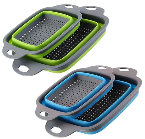 Foldable Colander Strainer Set, 4 Stück Faltbarer Becken, Abtropfsieb mit Griff, Platzsparend Sieb, Nudelsieb für Camping, Salate, Abtropfen von Nudeln, Gemüse, Grün, Blau