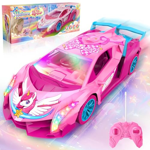 Unicorn Remote Control Cars w Multicolor Flash Light, Unicorn Gifts for Girl Toys for 3 4 5 6 7 8 Year Old Girls, 2.4GHz Drift RC Car Kids Toys Age 3-10, Girls Birthday Presents Easter Gifts for Kids