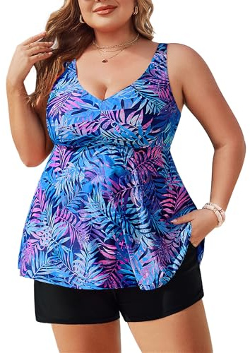 Womens 2026 Tankini Swimsuits 2 Piece Flowy Bathing Suits Tummy Control Push Up V Neck Swimwear Tops Blue Purple Leaves 22 Plus