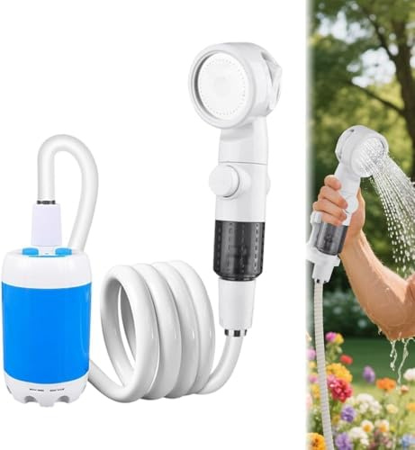 Ducha Camping Portatil, Ducha portátil Camping con Bomba Batería 5000mAh, Cabezal 2 Modos, Recargable, IPX7 Impermeabilización Ducha de Camping con Bomba y bolsa para Extérieure, Acampar, Viajes