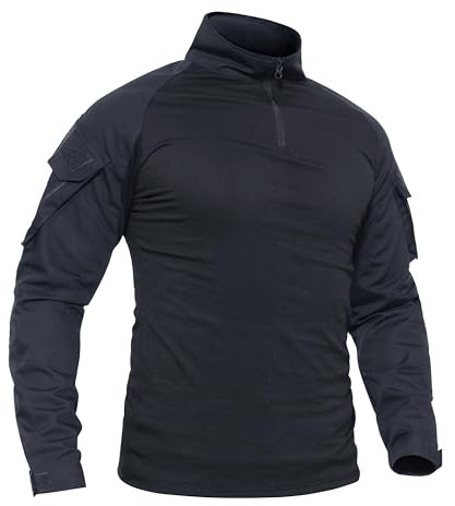 TACVASEN Herren Combat Baumwoll Shirt Taktisches Hemd Militär Men's Long Sleeve T-Shirt Black Cotton Outdoor Tshirt (L, Schwarz)