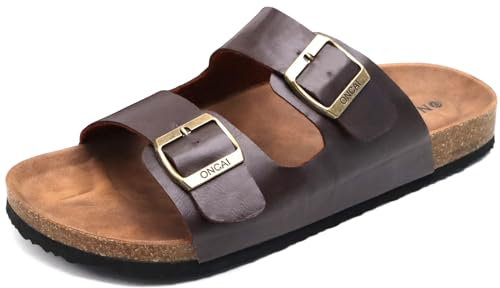 ONCAI Herren-Hausschuhe-Pantoletten-Schlappen-Sommerschuhe Flache Sandalen schieben und Sommer Drinnen und Draußen Kork-Sandalen Mit Verstellbarer Rieme Braun EU Größe 46