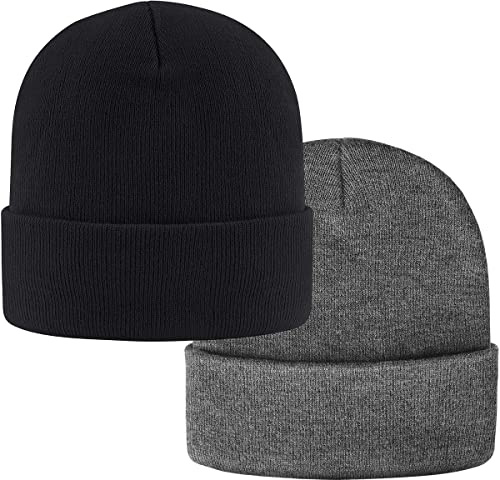 2-Pack Men's Standard Daily Beanie Hat Classic Cuffed Plain Skull Knit Winter Hat Cap for Men & Women Warm Snug Slouchy Soft Headwear Unisex (Black & Dark Grey), One Size