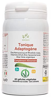 Benessence - Tonico Adattogeno - Rodiola Rosea, Eleuterococco, Vitamina D, Zinco e Aloe Vera Biologica - 60 capsule