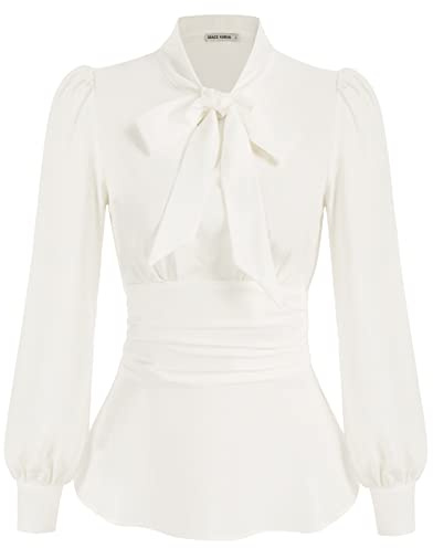 GRACE KARIN Solid Color Elegant Bow Tie Neck Long Sleeve Work Office Blouse Top Ivory L