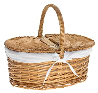 HERSIG - Cesta Mimbre Grande con asa – Cestas de Mimbre Multiusos - Cestas con Tapa para Picnic - Cesta Picnic Ovalada Miel 35 x 25 x 17/30 cm