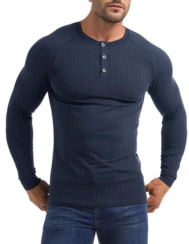 Yewloch Camisa Henley Manga Larga/Corta Hombre，Camiseta Algodón Hombre，Corte Ajustado músculo Shirt Color Azul 2XL