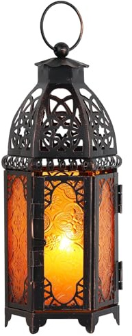 DECORKEY Moroccan Lanterns Decorative Indoor & Outdoor, 11’’ Medium Size Vintage Metal Hanging&Tabletop Candle Holder Decor, Halloween Christmas Ramadan Decorations for Home Porch Patio (Amber)