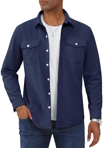 TACVASEN Camicia da uomo in velluto a coste a maniche lunghe giacca da uomo casual vestibilità regolare con bottoni e tasca con patta S-3XL, Marina Militare, XL