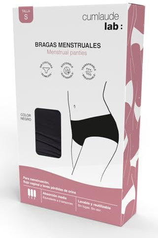 Cumlaude Lab – Bragas Menstruales, para Menstruación y Pérdida de Orina con 3 Capas Integradas, Absorción Media, Elimina Olores, Mantiene Seca, Sin Manchar Ropa, Lavable y Reutilizable, Negro, Talla M