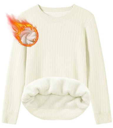 heekpek Pull Femme Hiver Pull Polaire Maillot de Corps Thermique Pull Polaire Chaud Pull Femme Long Sweat Femme Col Ras du Cou à Manches Longues, Blanc, XL