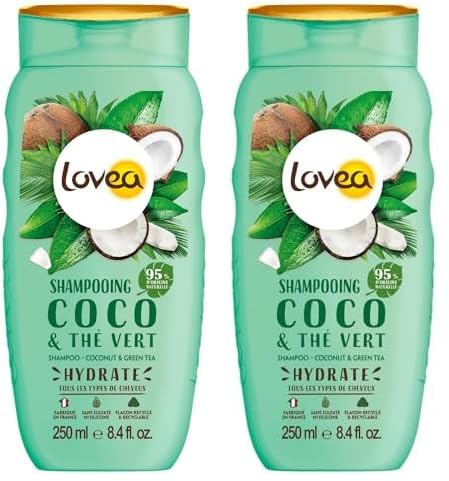 LOVEA - Shampooing - Coco & Thé Vert - Nettoie & Hydrate Intensément - Cheveux Tous Types - 95% D'Origine Naturelle - Sans Silicone - Sans Sulfate - Fabriqué En France - 250 ml (Lot de 2)