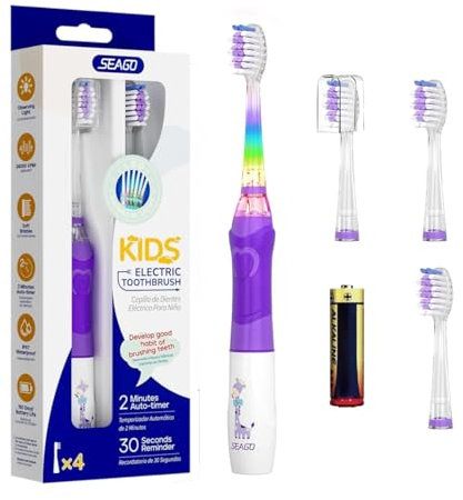 Brosse à dents électrique pour enfants 3-12 ans, 2 min de minuterie pour de bonnes habitudes, 4 têtes de rechange douces, pile AAA incluse, LED colorée pour un brossage amusant (Violet)