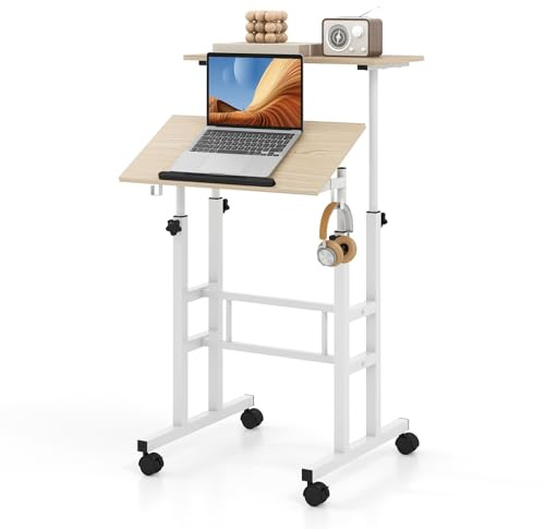 COSTWAY Escritorio de Pie 60x60cm, Mesa Ordenador con Ruedas, Altura Ajustable, Encimera Dividida y Ángulo Ajustable, 2 Ganchos, Escritorio Inclinable para Oficina (Natural)