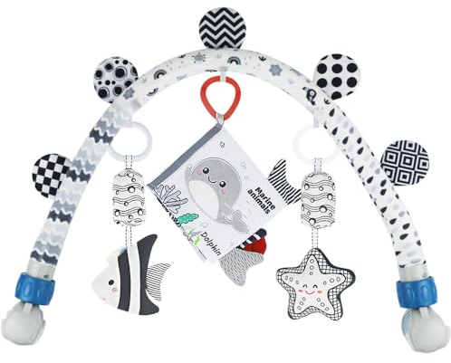 Baby Activity Arch Bassinet Toy, Black and White Travel Mobile Toy Bar with Rattle and Book, Strolle,Pram and Cot Attachment with Hanging Toys (Ocean)