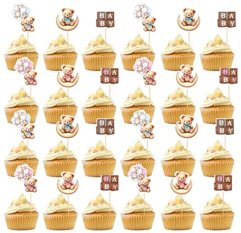 24 decorazioni per torta a forma di orso, blu e rosa, con placca a forma di orso, decorazioni per cupcake per rivelare il sesso del nascituro, per feste di compleanno per bambini, decorazioni per