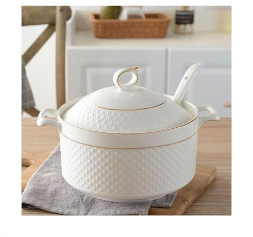 Porcelain Soup Tureen with Lid and Spoon, Double Handle Serving Bowl, Microwave and Dishwasher Safe, Ideal for Kitchen Serving