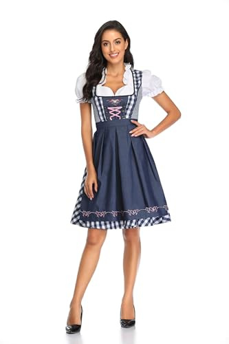 Velcoxplay - Dirndl da donna midi, abito tradizionale da donna, con pizzo, abito da dirndl da donna con blusa e grembiule da dirndl, 3 pezzi, per Oktoberfest e Carnevale, Blu scuro, L
