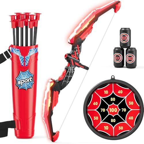 HYES Bow and Arrow for Kids, LED Light Up Archery Set with 12 Suction Cup Arrows, 1 Hanging Target, 3 Score Targets & 1 Quiver, Indoor Outdoor Sport Gifts for Boys Girls Ages 4-12, Black