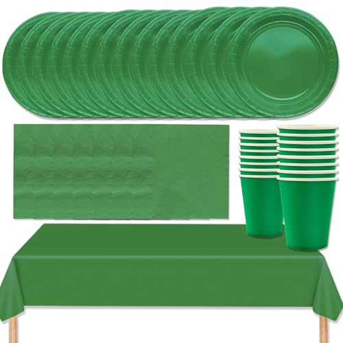 MOMAHUA Juego de vajilla para fiesta 53P, juego de vajilla verde con platos, mantel, servilletas, tazas, decoraciones de mesa de color sólido para cumpleaños, boda, picnic, baby shower, suministros de