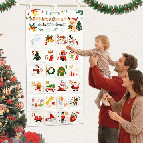 Ligtmor Calendario Adviento para Rellenar 2025, Reutilizable Calendario Adviento Natividad Rellenable con 24 Bolsillos, Decoración Navideña Colgante de Tela
