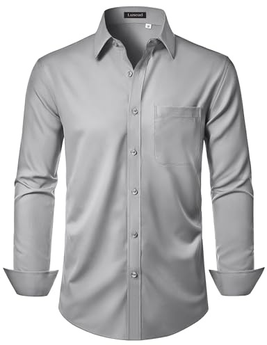 Lusead Mens Dress Shirts Grey Wrinkle Free Long Sleeve Stretch Regular Fit Casual Formal Button Down Shirt with Pocket