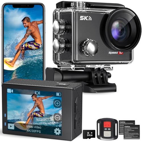 Action Camera 5K 30FPS Waterproof Camera Underwater 131FT with EIS WiFi App Remote Control 64GB Card 170° Wide Angle Sports Helmet Bike Video Black