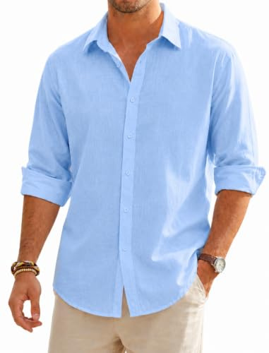 SEAYIJIA Camisa para Hombre Manga Larga, Camisa Informal de Lino-Algodón, Corte Estándar, Parte Superior Casual de Negocios, Ideal para Vacaciones Playa Verano