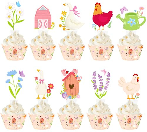 Garden Tea Party Cupcake Toppers and Wrappers, Farm Animal Flower Decorations, Chicken Barn Beehive Wildflower Theme, Birthday Baby Shower, 96 Pieces