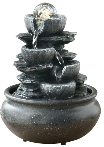 Zimmerbrunnen, Tischbrunnen mit Rollender Kugel, Naturwasserfall mit Steineffekt und Farbigem LED Licht, Tischplatte Wasserbrunnen, Steingarten, Zen Tischdekoration