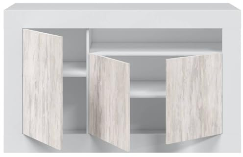 Habitdesign Aparador 3 Puertas, Buffet para Salon, Armario Auxiliar, Modelo Baltik, Acabado en Color Blanco Artik y Blanco Velho, Medidas: 144 cm (Ancho) x 87 cm (Alto) x 42 cm (Fondo)