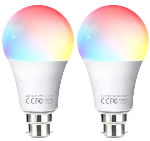 Fitop WiFi Smart Light Bulb B22 Bayonet, Dimmable White and Colour Changing Light Bulb, 9W 806LM=80W RGBCW LED Compatible with Alexa/Google Home/Siri, 2700K-6500K, No Hub Required 2 Pack